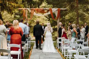 Floral wedding arch overlooking the Pilchuck River