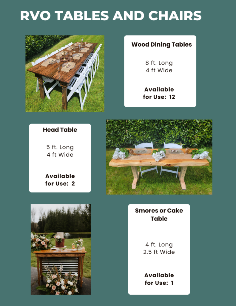 more Table and chair counts and measurements for wedding venue