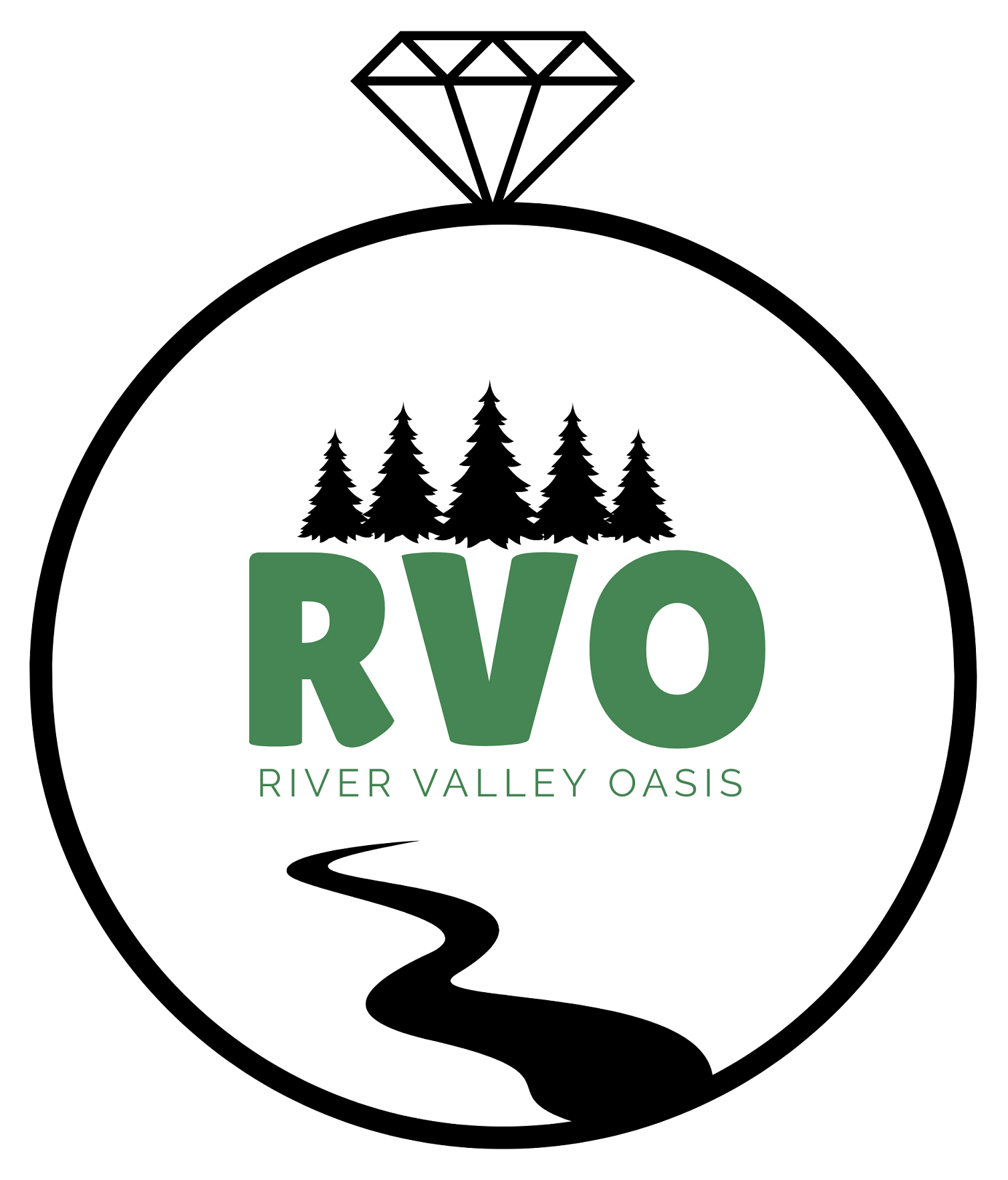 River Valley Oasis waterfront wedding venue logo featuring trees, rings and river