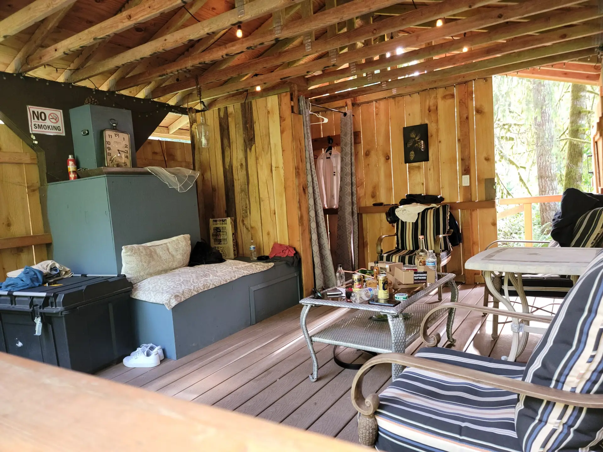 Cozy seating area inside the River Cabin