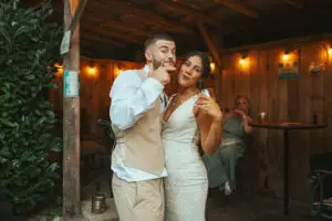 Guests gathered at the smoking hut during the reception
